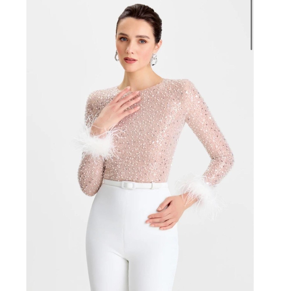 Nadine Merabi Amelia White Bridal Jumpsuit Feather Cuff Sequin Pearl US 6 Gorg!